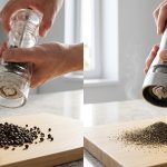 A photorealistic split-composition image contrasting two pepper grinding scenes in a modern kitchen. On the left, a strained hand uses a worn plastic mill to produce coarse, uneven pepper. On the right, a relaxed hand grinds fine, uniform, aromatic pepper from a sleek metal mill.