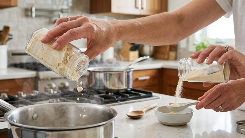 In a bright modern kitchen, a hand vigorously shakes a glass jar where white garlic powder has solidified into a hard 'spice brick'. Next to it, another hand effortlessly pours free-flowing onion powder from an identical jar, which contains a tiny desiccant packet, contrasting the frustration of caked spices with the ease of a moisture-controlled solution.