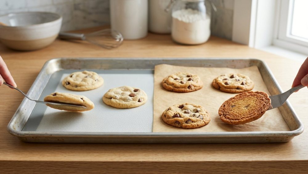 A photorealistic studio shot of a silver baking sheet. The right half holds three perfectly golden-brown chocolate chip cookies baked on parchment paper, with one lifted by a spatula to reveal its crisp, browned underside. The left half holds three noticeably paler, softer cookies baked on a silicone mat, with one also lifted to show its visibly un-browned bottom.