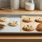 A photorealistic studio shot of a silver baking sheet. The right half holds three perfectly golden-brown chocolate chip cookies baked on parchment paper, with one lifted by a spatula to reveal its crisp, browned underside. The left half holds three noticeably paler, softer cookies baked on a silicone mat, with one also lifted to show its visibly un-browned bottom.