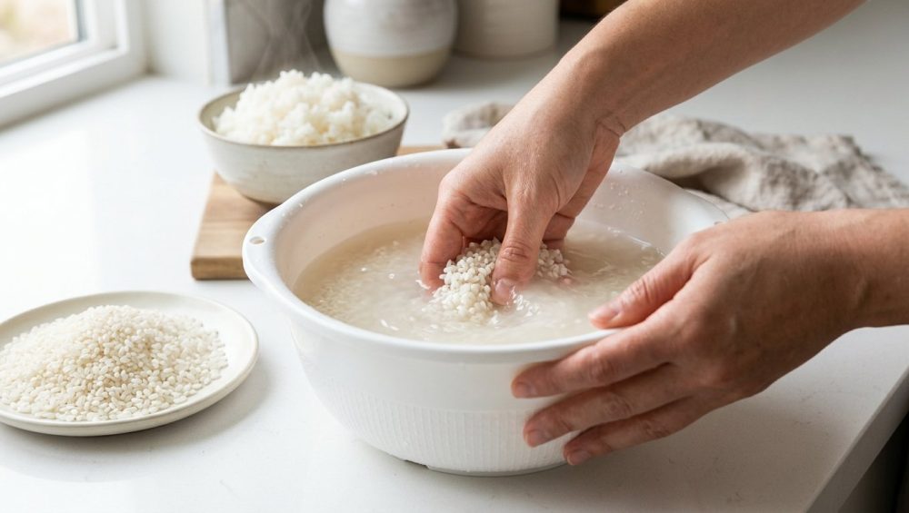 A bright, photorealistic image of human hands washing short-grain white rice in a pristine white Japanese rice washing bowl, making the water cloudy. On a minimalist counter, perfectly rinsed rice is piled nearby, with fluffy cooked rice blurred in the background, illustrating the full culinary process.