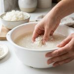 A bright, photorealistic image of human hands washing short-grain white rice in a pristine white Japanese rice washing bowl, making the water cloudy. On a minimalist counter, perfectly rinsed rice is piled nearby, with fluffy cooked rice blurred in the background, illustrating the full culinary process.