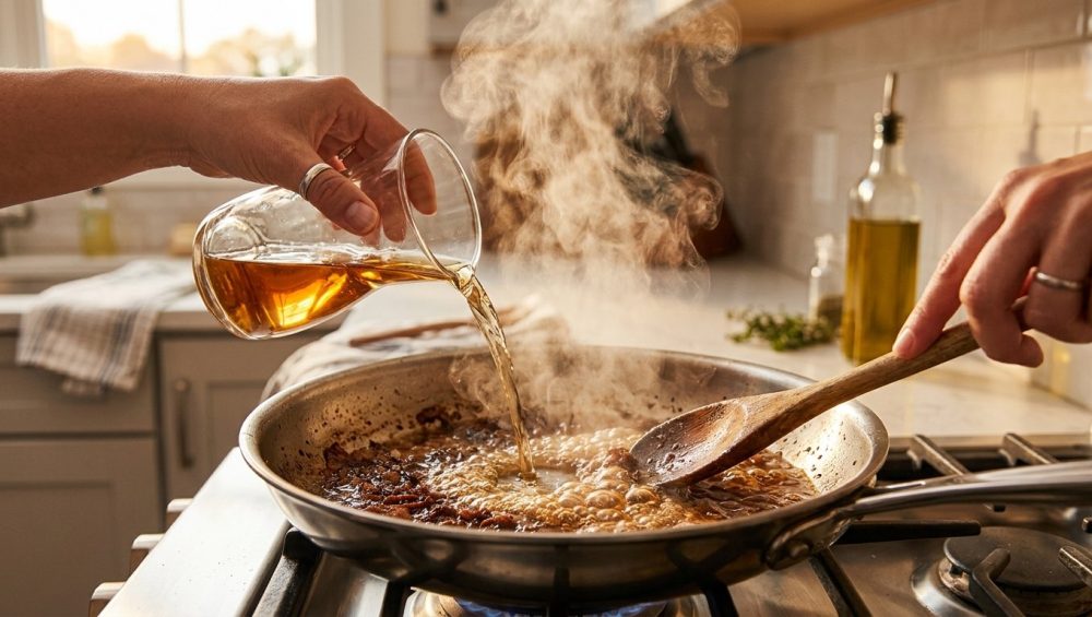 A close-up, photorealistic image shows a home cook deglazing a hot stainless steel pan. Amber liquid pours into the pan, creating billows of steam as it lifts rich brown fond from the bottom, beginning to form a glossy sauce, while a hand with a wooden spoon stirs the mixture in a warm, modern kitchen.