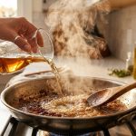 A close-up, photorealistic image shows a home cook deglazing a hot stainless steel pan. Amber liquid pours into the pan, creating billows of steam as it lifts rich brown fond from the bottom, beginning to form a glossy sauce, while a hand with a wooden spoon stirs the mixture in a warm, modern kitchen.