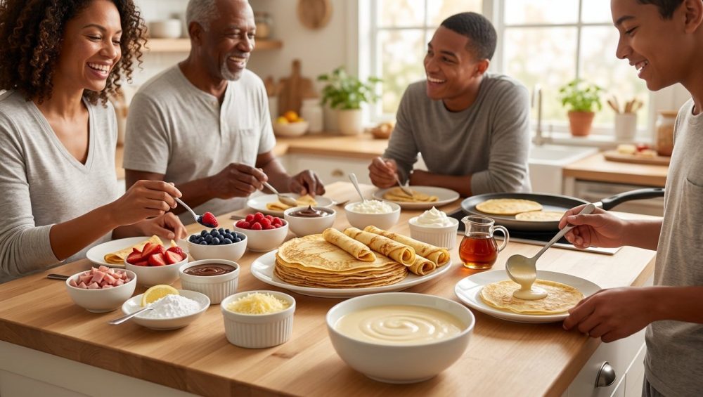 A vibrant, photorealistic breakfast crepe bar. Diverse, happy people interact while serving themselves from a meticulously arranged spread on a light wooden table. A stack of golden-brown crepes is surrounded by elegant bowls of fresh berries, chocolate sauce, whipped cream, maple syrup, and savory ham and cheese. The scene is bathed in warm morning light.