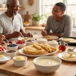 A vibrant, photorealistic breakfast crepe bar. Diverse, happy people interact while serving themselves from a meticulously arranged spread on a light wooden table. A stack of golden-brown crepes is surrounded by elegant bowls of fresh berries, chocolate sauce, whipped cream, maple syrup, and savory ham and cheese. The scene is bathed in warm morning light.