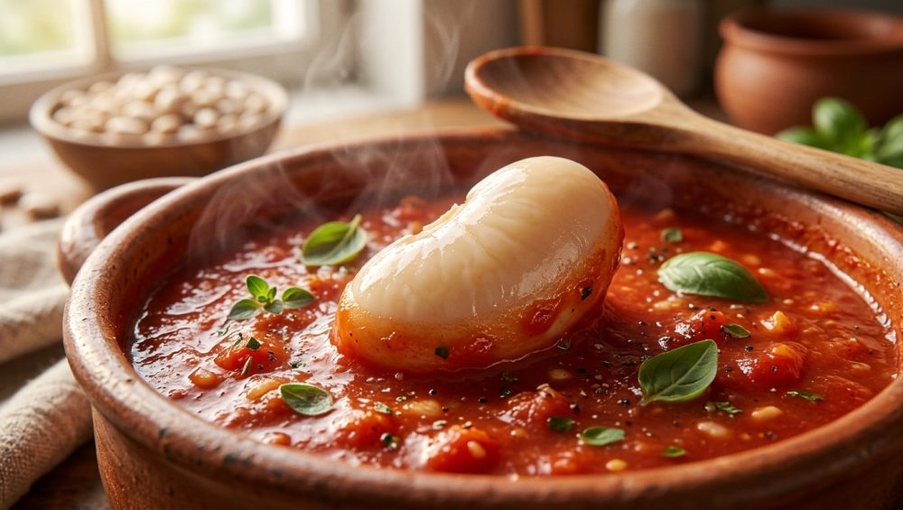 A hyperrealistic close-up of a glistening cannellini bean half-submerged in rich, red tomato sauce, showing a subtle, firming texture where the bean meets the sauce, in a warm, rustic kitchen.