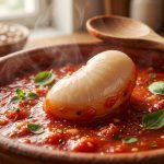 A hyperrealistic close-up of a glistening cannellini bean half-submerged in rich, red tomato sauce, showing a subtle, firming texture where the bean meets the sauce, in a warm, rustic kitchen.