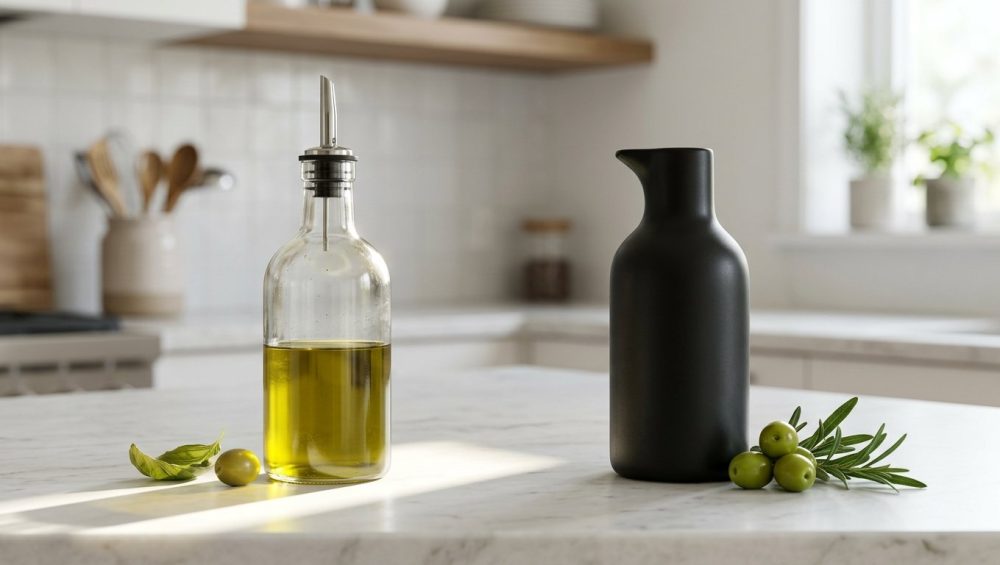 Two olive oil bottles on a counter: Clear, in harsh sun with dull oil and wilted basil. Opaque, in soft light with vibrant olives and rosemary.