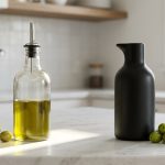 Two olive oil bottles on a counter: Clear, in harsh sun with dull oil and wilted basil. Opaque, in soft light with vibrant olives and rosemary.