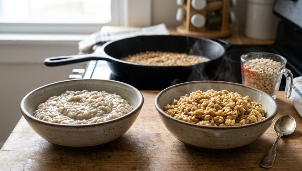 A photorealistic image comparing two ceramic bowls of oatmeal, illustrating the 'before' and 'after' of dextrinization. The left bowl contains a pale, gluey, lumpy, unappetizing mass of oatmeal. The right bowl features rich, golden-brown oatmeal with distinct, plump grains and subtle steam rising, appearing wholesome and perfectly cooked. In the blurred background, a skillet holds lightly toasted raw oats, and a measuring cup contains plain raw oats on a clean kitchen counter bathed in soft morning light.