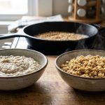 A photorealistic image comparing two ceramic bowls of oatmeal, illustrating the 'before' and 'after' of dextrinization. The left bowl contains a pale, gluey, lumpy, unappetizing mass of oatmeal. The right bowl features rich, golden-brown oatmeal with distinct, plump grains and subtle steam rising, appearing wholesome and perfectly cooked. In the blurred background, a skillet holds lightly toasted raw oats, and a measuring cup contains plain raw oats on a clean kitchen counter bathed in soft morning light.