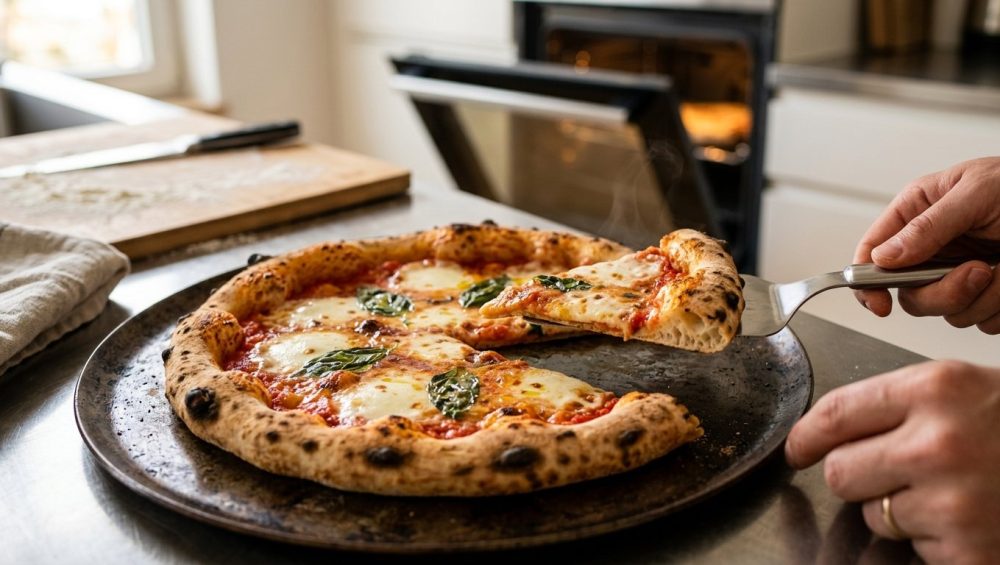 Photorealistic close-up of a steaming, perfectly baked Neapolitan pizza on a dark carbon steel plate. A hand lifts a firm slice with a metal spatula, revealing melted mozzarella, vibrant red sauce, and fresh basil, set in a softly blurred modern kitchen.