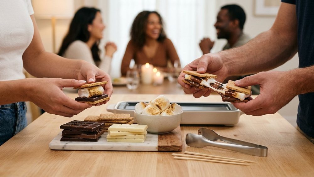 A close-up, photorealistic image of an inviting indoor s'mores dessert station. Hands assemble s'mores with neatly stacked chocolates, golden marshmallows, and crisp graham crackers, while one gooey s'more is pulled apart, revealing melted chocolate and stretchy marshmallow.