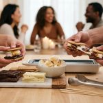 A close-up, photorealistic image of an inviting indoor s'mores dessert station. Hands assemble s'mores with neatly stacked chocolates, golden marshmallows, and crisp graham crackers, while one gooey s'more is pulled apart, revealing melted chocolate and stretchy marshmallow.