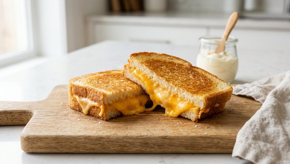 A hyper-realistic close-up of a flawlessly golden-brown grilled cheese sandwich, cut diagonally, with luscious, molten cheese oozing from the center. The halves rest on a rustic cutting board in a brightly lit, modern kitchen, with a soft-focused jar of mayonnaise in the background.