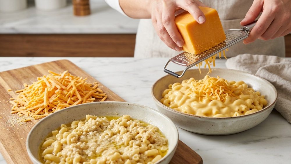 A photorealistic culinary scene dramatically contrasts two mac and cheese dishes. In the foreground, a bowl of mac and cheese has a lumpy, separated, dull orange sauce with oil visible, next to a pile of dry pre-shredded cheddar. In the background, skilled hands grate fresh cheddar over a second bowl, which holds a perfectly smooth, glossy, and rich golden cheese sauce.