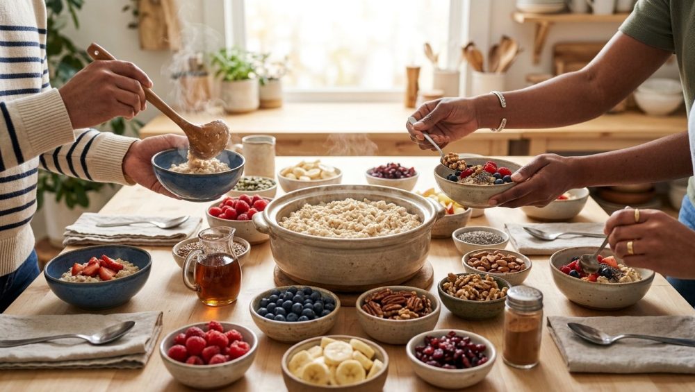 A warm, bright, and inviting photorealistic image of a build-your-own oatmeal breakfast gathering. A large, steaming ceramic pot of creamy oatmeal sits as the centerpiece on a light wooden table, surrounded by abundant, colorful toppings in small bowls: fresh berries, sliced fruit, nuts, and seeds. Diverse hands reach for toppings and scoop oatmeal into individual bowls, creating a warm, communal atmosphere under soft natural light.
