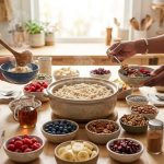 A warm, bright, and inviting photorealistic image of a build-your-own oatmeal breakfast gathering. A large, steaming ceramic pot of creamy oatmeal sits as the centerpiece on a light wooden table, surrounded by abundant, colorful toppings in small bowls: fresh berries, sliced fruit, nuts, and seeds. Diverse hands reach for toppings and scoop oatmeal into individual bowls, creating a warm, communal atmosphere under soft natural light.