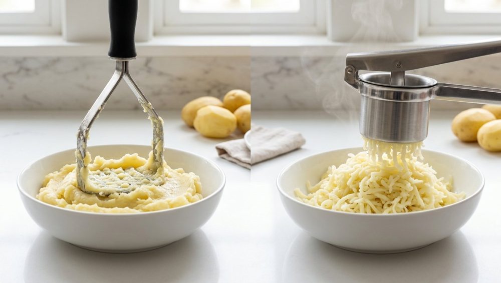 A photorealistic side-by-side comparison on a clean kitchen counter. On the left, a hand masher is submerged in a bowl of dense, sticky, traditionally mashed potatoes. On the right, a modern ricer extrudes fluffy, airy riced potatoes into an identical bowl, with subtle steam rising. The image clearly highlights the stark textural difference.