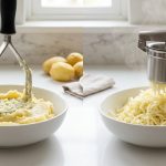 A photorealistic side-by-side comparison on a clean kitchen counter. On the left, a hand masher is submerged in a bowl of dense, sticky, traditionally mashed potatoes. On the right, a modern ricer extrudes fluffy, airy riced potatoes into an identical bowl, with subtle steam rising. The image clearly highlights the stark textural difference.