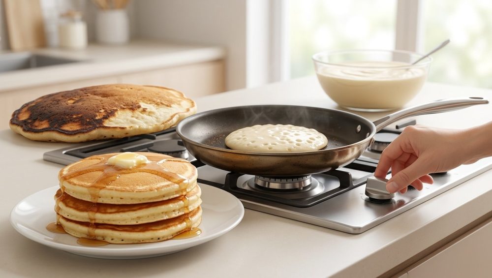 A close-up contrasts a stack of perfect golden pancakes with butter and syrup on a plate, with a single, unevenly cooked pancake (burnt and pale) in a pan. A hand adjusts a stove dial, with a bowl of batter in the blurred background.