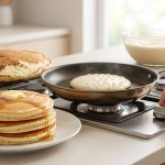 A close-up contrasts a stack of perfect golden pancakes with butter and syrup on a plate, with a single, unevenly cooked pancake (burnt and pale) in a pan. A hand adjusts a stove dial, with a bowl of batter in the blurred background.