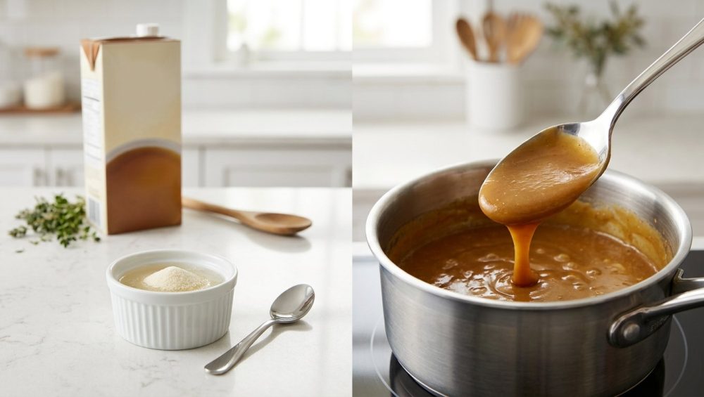 A gleaming silver spoon lifts thick, glossy golden-brown sauce from a modern sauceboat. In the foreground, gelatin blooms in a white ramekin, with a blurred carton of broth visible on a bright kitchen counter.