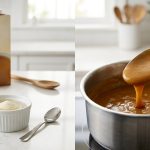 A gleaming silver spoon lifts thick, glossy golden-brown sauce from a modern sauceboat. In the foreground, gelatin blooms in a white ramekin, with a blurred carton of broth visible on a bright kitchen counter.
