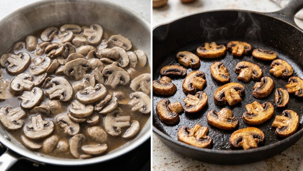 A hyper-photorealistic split image comparing two cooking outcomes for sliced cremini mushrooms. The left side shows pale, rubbery, unbrowned mushrooms swimming in released moisture in a stainless steel pan. The right side features beautifully browned, richly caramelized cremini mushrooms with crispy edges in a dry cast iron pan, all captured with professional studio lighting.