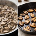 A hyper-photorealistic split image comparing two cooking outcomes for sliced cremini mushrooms. The left side shows pale, rubbery, unbrowned mushrooms swimming in released moisture in a stainless steel pan. The right side features beautifully browned, richly caramelized cremini mushrooms with crispy edges in a dry cast iron pan, all captured with professional studio lighting.