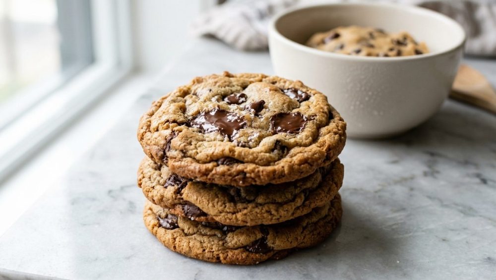A close-up of three stacked, golden-brown chocolate chip cookies with crinkled surfaces and visible melted chocolate chips, on a light kitchen countertop. In the soft-focus background, a bowl of chilled cookie dough is subtly visible. Bright natural light bathes the warm, inviting scene.
