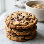 A close-up of three stacked, golden-brown chocolate chip cookies with crinkled surfaces and visible melted chocolate chips, on a light kitchen countertop. In the soft-focus background, a bowl of chilled cookie dough is subtly visible. Bright natural light bathes the warm, inviting scene.