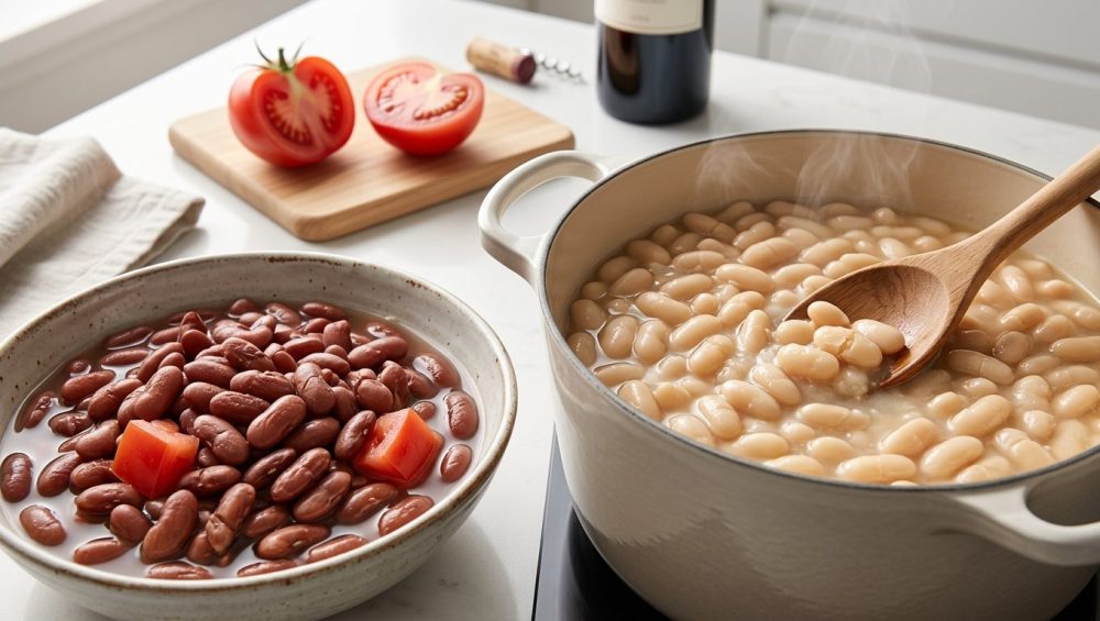 A photorealistic culinary still life contrasting incorrectly and correctly cooked beans. On the left, a dark, rustic bowl holds tough, shriveled black beans with an undissolved tomato piece, suggesting premature acid. On the right, a light ceramic pot contains plump, creamy white beans, some gently mashed by a wooden spoon, with delicate steam rising. In the background, a halved red tomato and a bottle of red wine sit, out of focus, implying these acidic ingredients should be added later. The scene is bathed in soft, natural light on a minimalist kitchen counter.