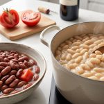 A photorealistic culinary still life contrasting incorrectly and correctly cooked beans. On the left, a dark, rustic bowl holds tough, shriveled black beans with an undissolved tomato piece, suggesting premature acid. On the right, a light ceramic pot contains plump, creamy white beans, some gently mashed by a wooden spoon, with delicate steam rising. In the background, a halved red tomato and a bottle of red wine sit, out of focus, implying these acidic ingredients should be added later. The scene is bathed in soft, natural light on a minimalist kitchen counter.