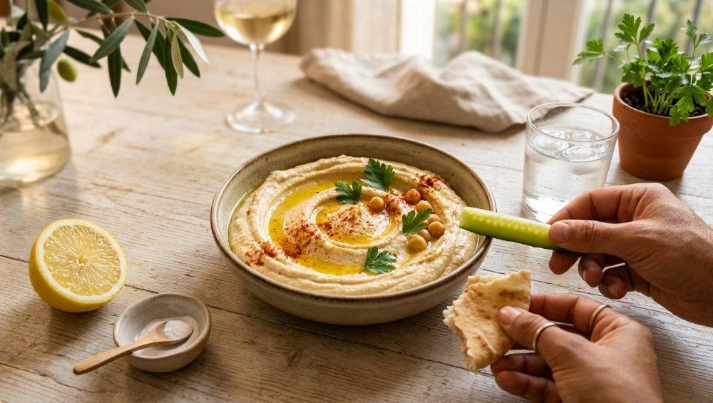 A close-up, photorealistic image of perfectly smooth homemade hummus, garnished with olive oil, paprika, and fresh herbs, served in a rustic ceramic bowl on a light wooden table. A hand holds a piece of pita bread poised to dip, all bathed in soft, golden light.