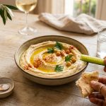 A close-up, photorealistic image of perfectly smooth homemade hummus, garnished with olive oil, paprika, and fresh herbs, served in a rustic ceramic bowl on a light wooden table. A hand holds a piece of pita bread poised to dip, all bathed in soft, golden light.
