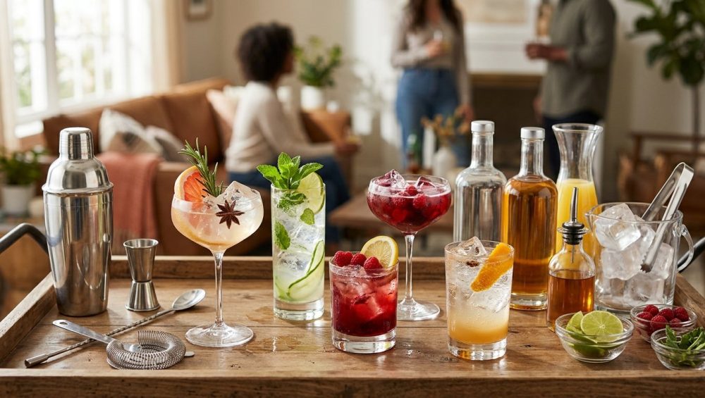 A close-up, photorealistic shot of a sophisticated zero-proof drink station in a modern home. Several elegant non-alcoholic cocktails in clear glassware feature large, crystal-clear ice cubes and artful garnishes like fresh herbs, citrus twists, and spices. Neatly arranged bar tools, sleek bottles of botanical zero-proof spirits, artisanal syrups, and fresh juices are visible, alongside an overflowing clear ice bucket. The scene is bathed in soft, warm light, with hints of a cozy home gathering blurred in the background, conveying an inviting atmosphere for elevated entertaining.