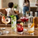 A close-up, photorealistic shot of a sophisticated zero-proof drink station in a modern home. Several elegant non-alcoholic cocktails in clear glassware feature large, crystal-clear ice cubes and artful garnishes like fresh herbs, citrus twists, and spices. Neatly arranged bar tools, sleek bottles of botanical zero-proof spirits, artisanal syrups, and fresh juices are visible, alongside an overflowing clear ice bucket. The scene is bathed in soft, warm light, with hints of a cozy home gathering blurred in the background, conveying an inviting atmosphere for elevated entertaining.