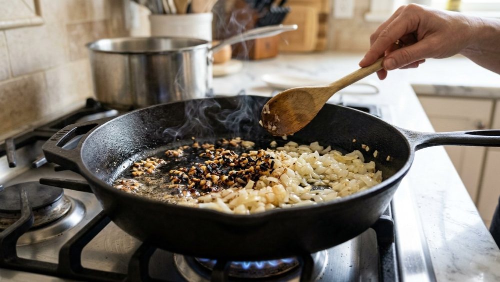A close-up of a cast iron or stainless steel pan on a modern stovetop shows unevenly cooked aromatics. Dark brown, almost burnt minced garlic pieces are visible with faint smoke rising, contrasting sharply with the surrounding largely translucent and undercooked white onions. A home cook's hand, holding a wooden spoon, hovers above the pan, conveying slight concern in a clean, warmly lit kitchen.
