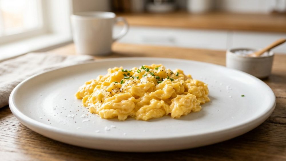 A close-up, photorealistic shot of perfectly fluffy, golden scrambled eggs with distinct, moist curds on a pristine, dry white plate. Fine salt crystals sparkle on the eggs under warm natural light, with a softly blurred modern kitchen countertop in the background.