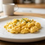 A close-up, photorealistic shot of perfectly fluffy, golden scrambled eggs with distinct, moist curds on a pristine, dry white plate. Fine salt crystals sparkle on the eggs under warm natural light, with a softly blurred modern kitchen countertop in the background.