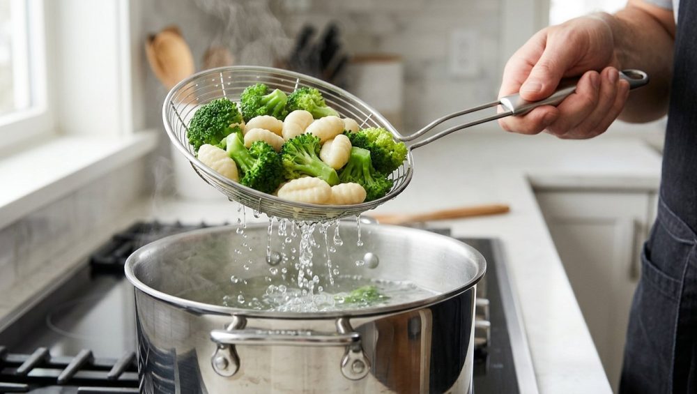 A photorealistic close-up shows a steady hand using a gleaming, wide-mesh stainless steel spider skimmer to gracefully lift vibrant green blanched broccoli florets and plump, intact white ricotta dumplings. Water actively drains and shimmers through the mesh as they are lifted from a steaming stainless steel pot. The modern kitchen scene is clean and brightly lit.