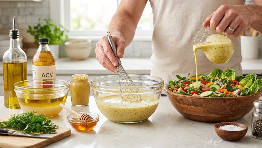 A bright, photorealistic kitchen scene shows two glass bowls on a clean counter: one with separated oil and vinegar dressing, the other with a beautifully creamy, emulsified pale yellow dressing. Nearby are ingredients like olive oil, vinegar, mustard, honey, and fresh herbs. A pair of hands is either whisking the smooth dressing or pouring it over a vibrant salad of mixed greens and vegetables. The high-key lighting creates a fresh, inviting mood.
