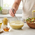 A bright, photorealistic kitchen scene shows two glass bowls on a clean counter: one with separated oil and vinegar dressing, the other with a beautifully creamy, emulsified pale yellow dressing. Nearby are ingredients like olive oil, vinegar, mustard, honey, and fresh herbs. A pair of hands is either whisking the smooth dressing or pouring it over a vibrant salad of mixed greens and vegetables. The high-key lighting creates a fresh, inviting mood.