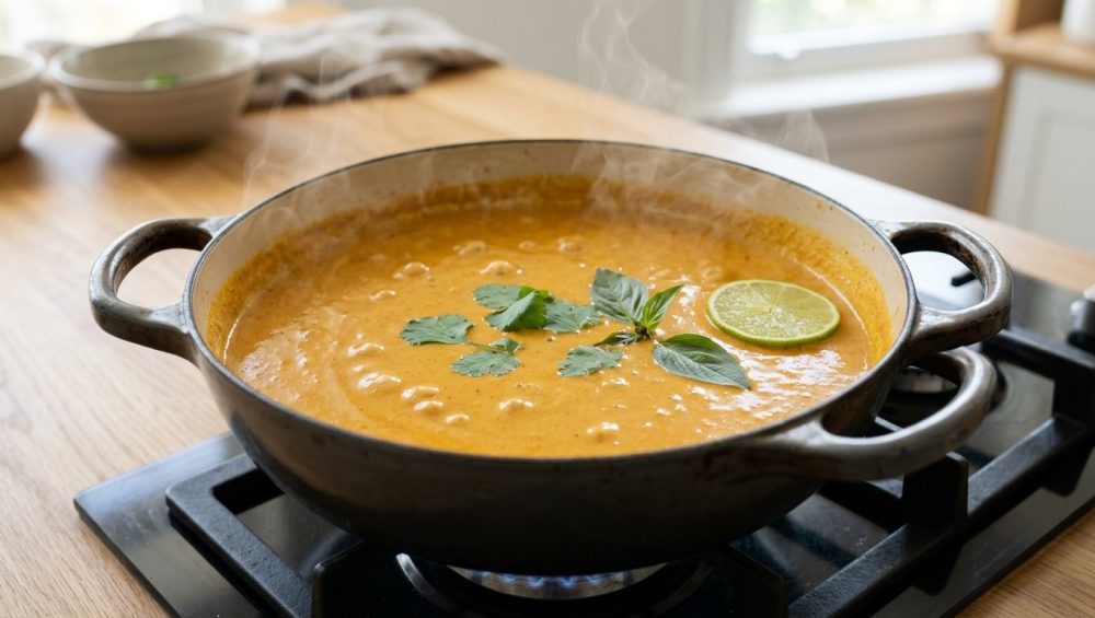 A large, heavy-bottomed pot of vibrant orange-yellow coconut milk curry simmers gently, its perfectly emulsified, velvety surface emitting delicate wisps of steam. Fresh green herbs garnish the curry in a bright, minimalist modern kitchen, conveying warmth and culinary perfection.