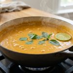 A large, heavy-bottomed pot of vibrant orange-yellow coconut milk curry simmers gently, its perfectly emulsified, velvety surface emitting delicate wisps of steam. Fresh green herbs garnish the curry in a bright, minimalist modern kitchen, conveying warmth and culinary perfection.