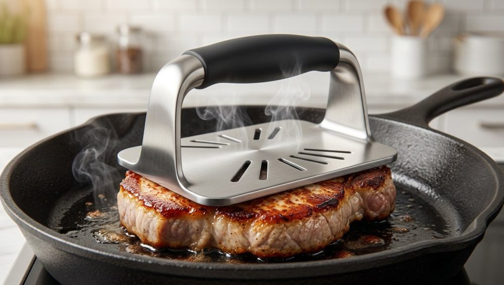 A sleek, modern brushed stainless steel chef's press, featuring visible vents, firmly flattens a thick, golden-brown piece of protein in a hot, seasoned cast iron skillet. Delicate steam rises from the press's vents, while sizzling fat and a crispy, caramelized crust are visible around the edges. The scene is set in a softly blurred modern kitchen with warm, bright lighting, mimicking professional food photography.
