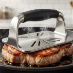 A sleek, modern brushed stainless steel chef's press, featuring visible vents, firmly flattens a thick, golden-brown piece of protein in a hot, seasoned cast iron skillet. Delicate steam rises from the press's vents, while sizzling fat and a crispy, caramelized crust are visible around the edges. The scene is set in a softly blurred modern kitchen with warm, bright lighting, mimicking professional food photography.