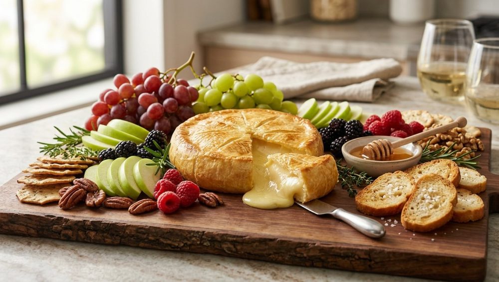 A perfectly baked brie cheese with a golden-brown crust and visible molten interior, artfully scored, centered on a minimalist serving board. It is elegantly surrounded by fresh red and green grapes, green apple slices, berries, toasted nuts, and artisanal crackers, all bathed in soft, warm natural light.